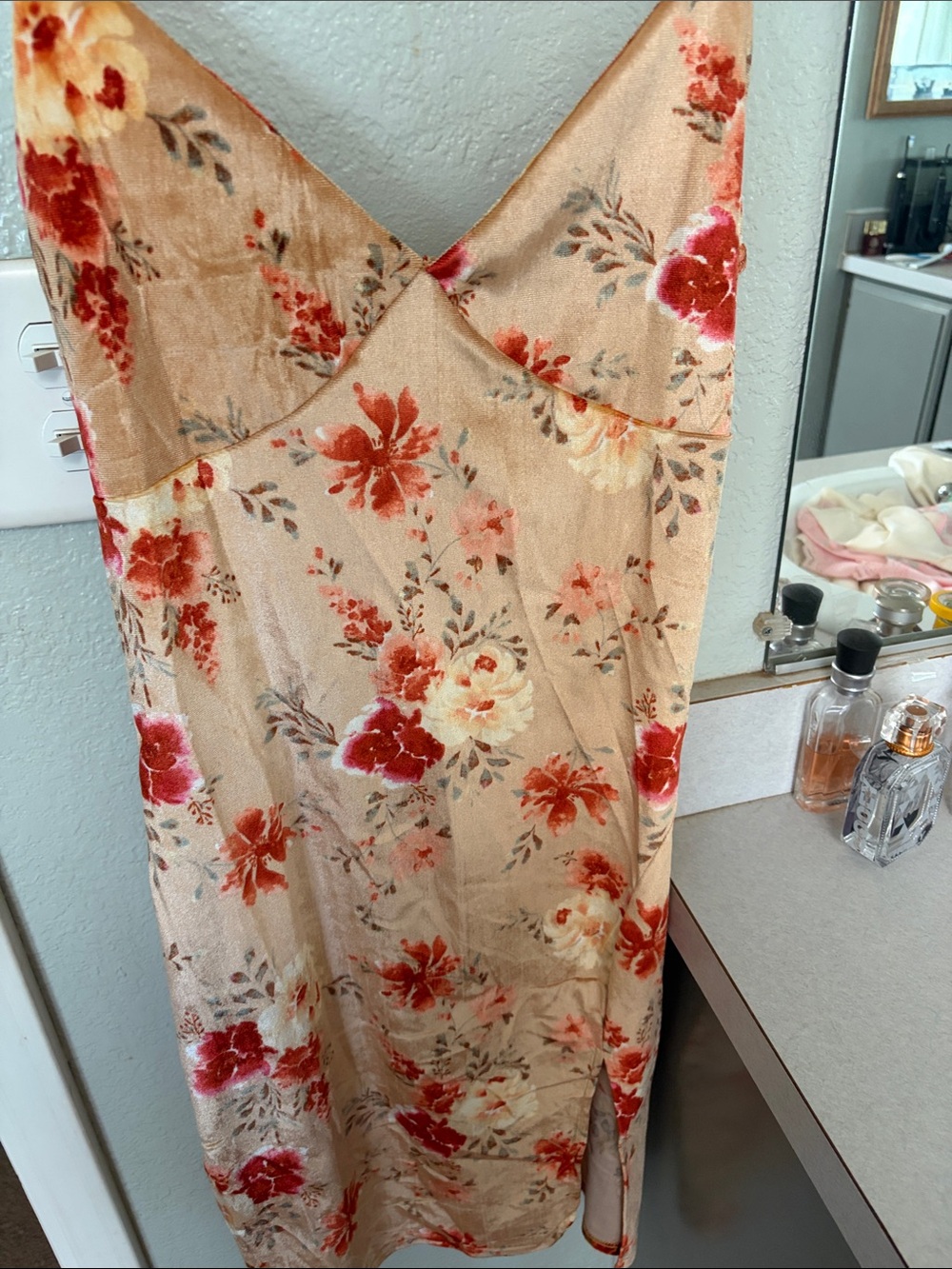 Beige Floral Midi Slip Dress with Red & Cream Blooms